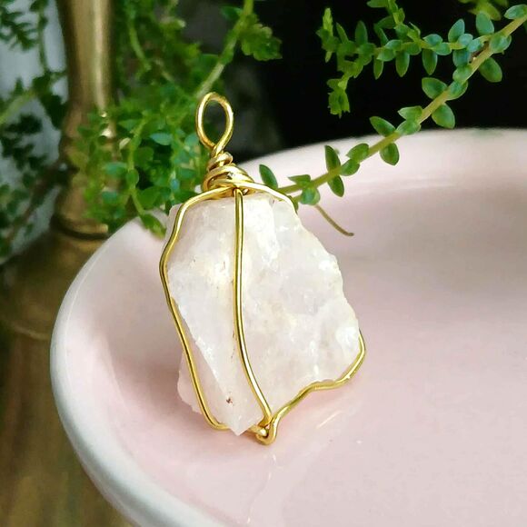 Raw Rose Quartz Crystal Pendant, Wire Wrapped Gemstone Jewelry 1.5" - Picture 3 of 3